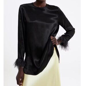 NWT! Zara FEATHER BLOUSE in Black, XS